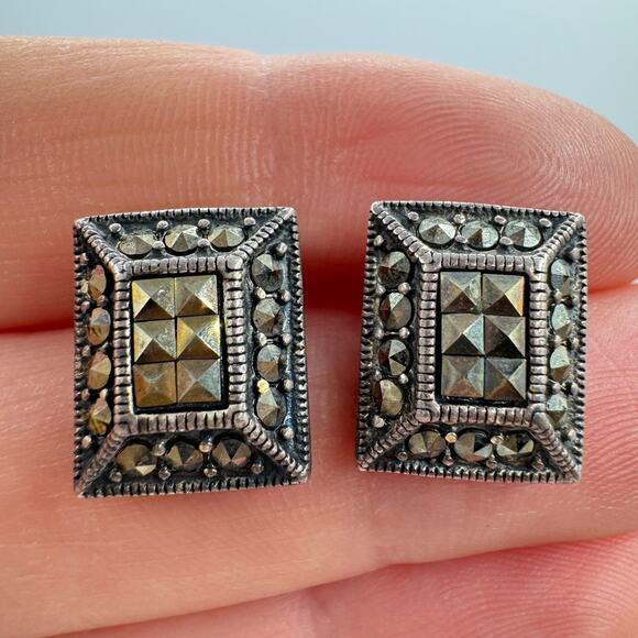 Marcasite Rhinestone 925 Silver Art Deco Revival Rectangle Earrings Tested - Picture 2 of 15
